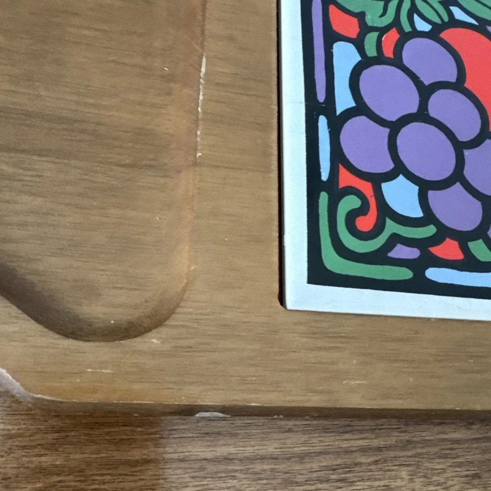 Vintage A Price Imports Teak Wood Cheese Board & Knife Tile Fruit Mid Century